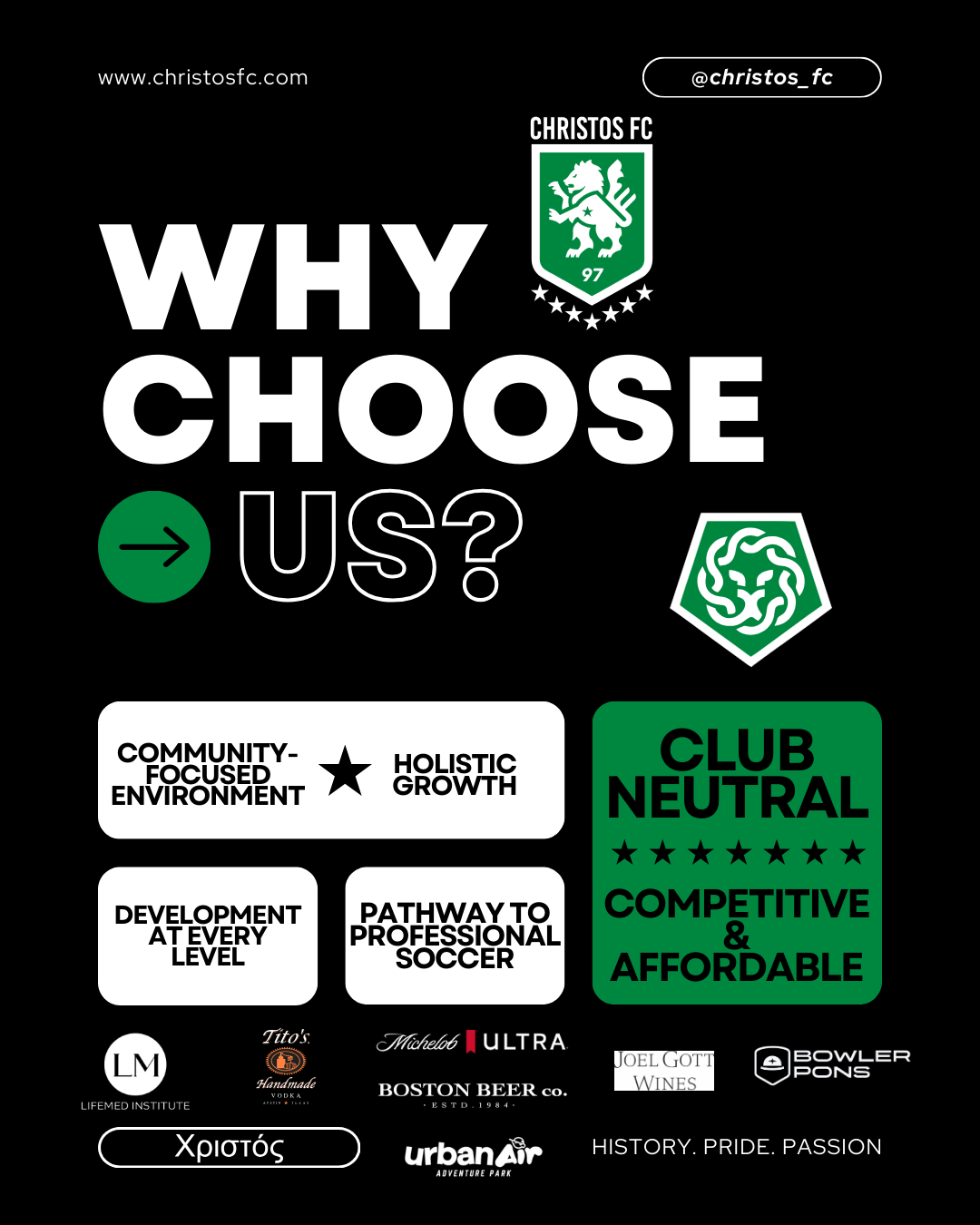 Poster advertising Christos FC. Black background with white and green text. It highlights key features of the club.