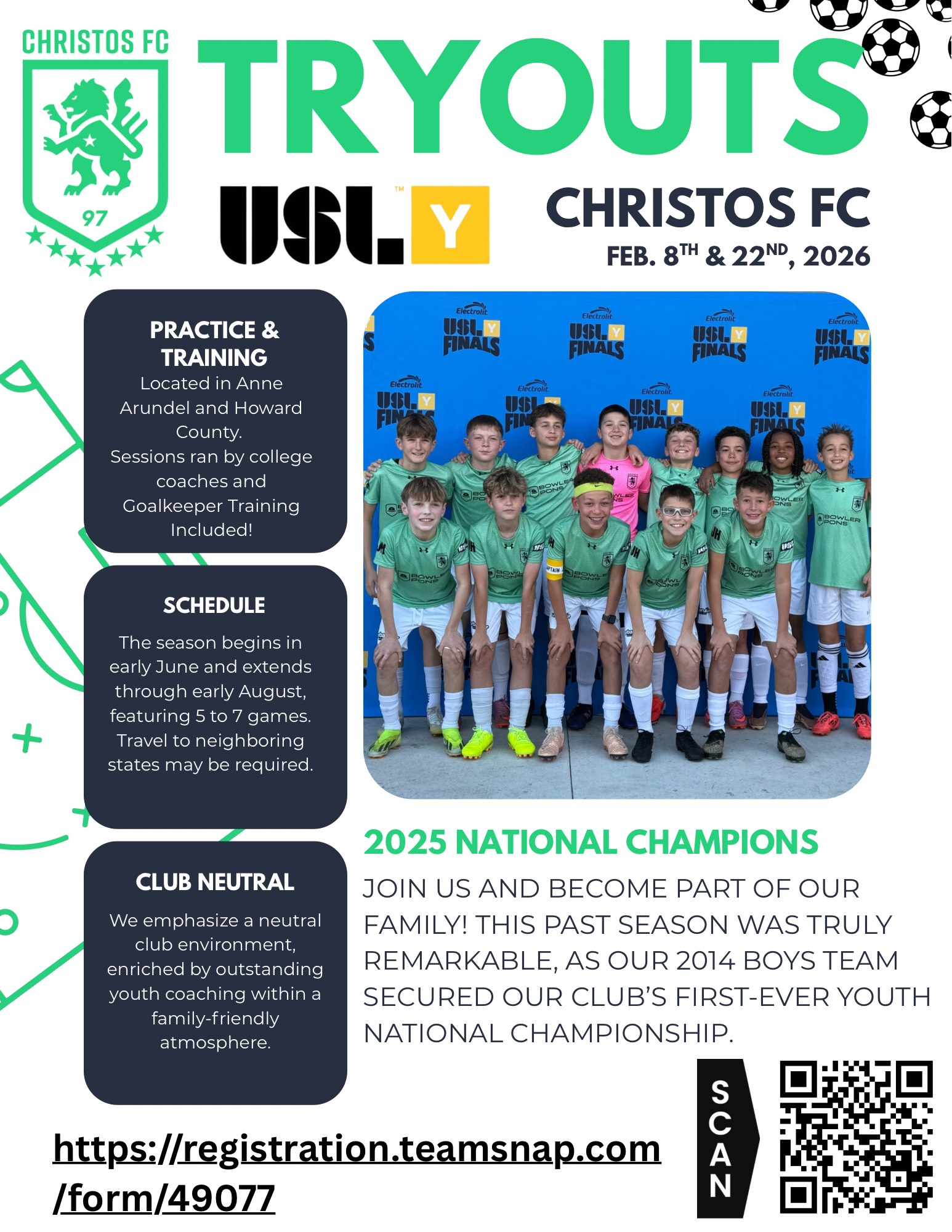Christos FC soccer tryouts. USL Y. Feb 8th & 23rd, 2026. Includes team photo and registration QR code.