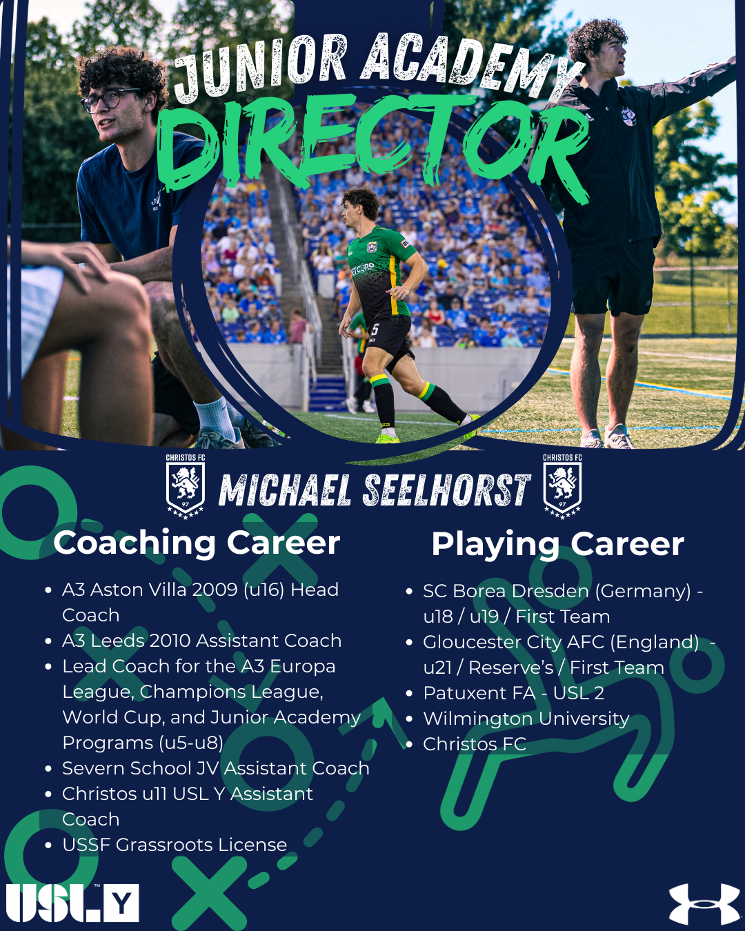 Promotional graphic: Michael Seelhorst, Junior Academy Director. Soccer player and coach in blue and green attire. Text details career.