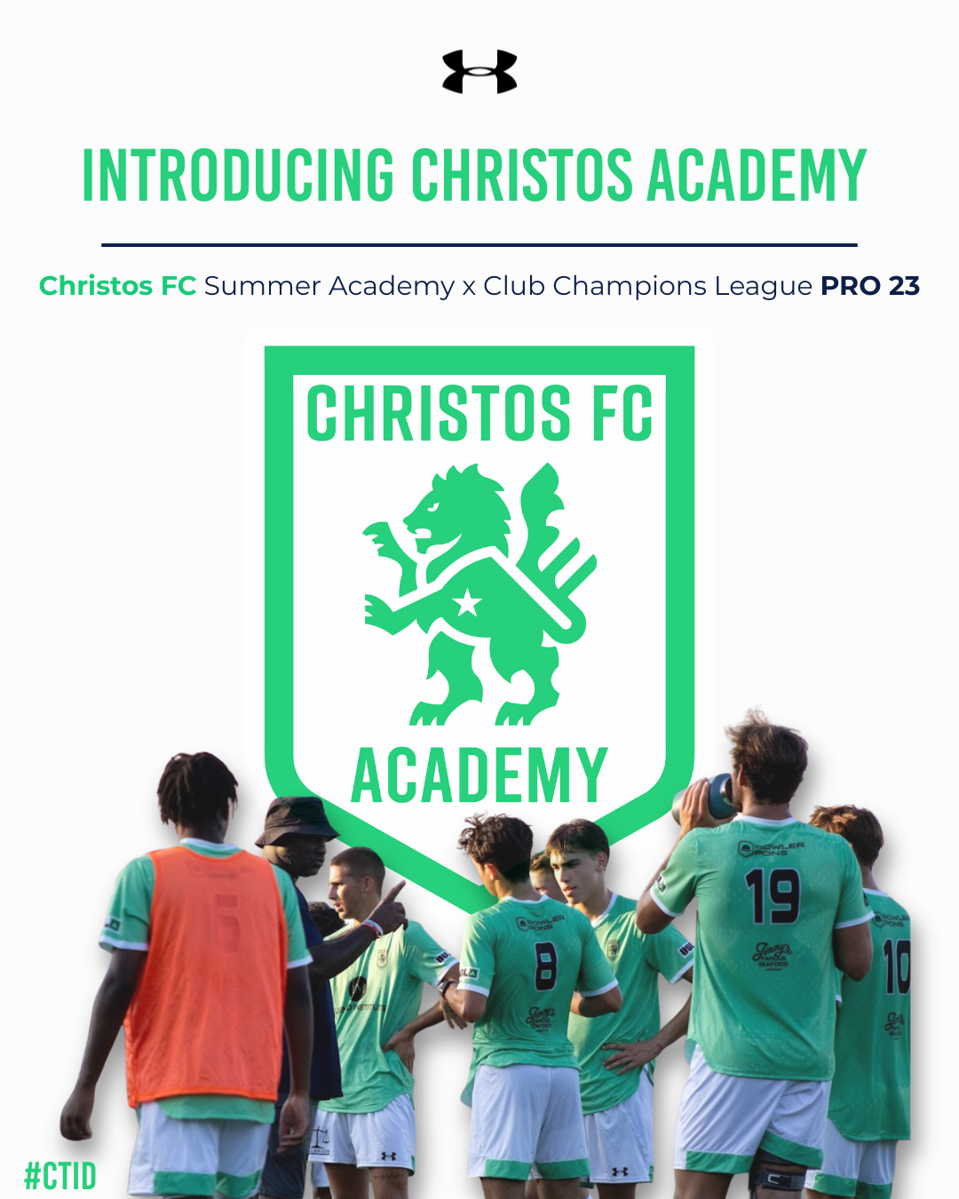 Christos FC Academy advertisement. Green and white logo with players in green jerseys. Text includes “Academy” and “PRO 23”.