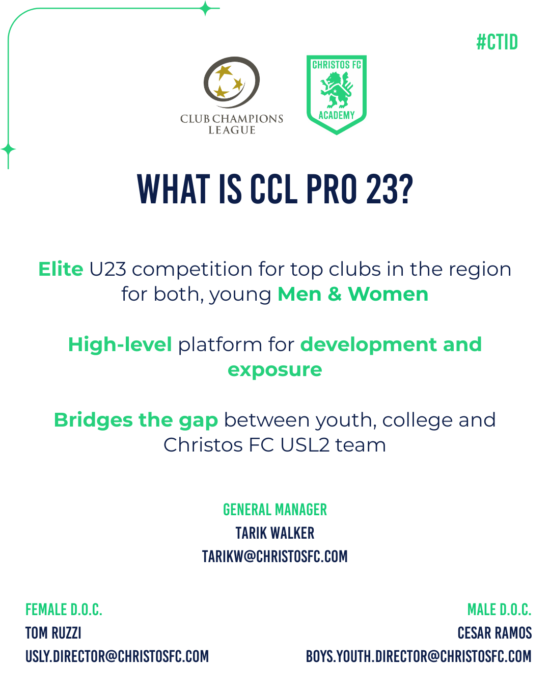 CCL Pro 23 announcement: Elite U23 competition for men & women. Logos of a soccer league and team, plus contact info.