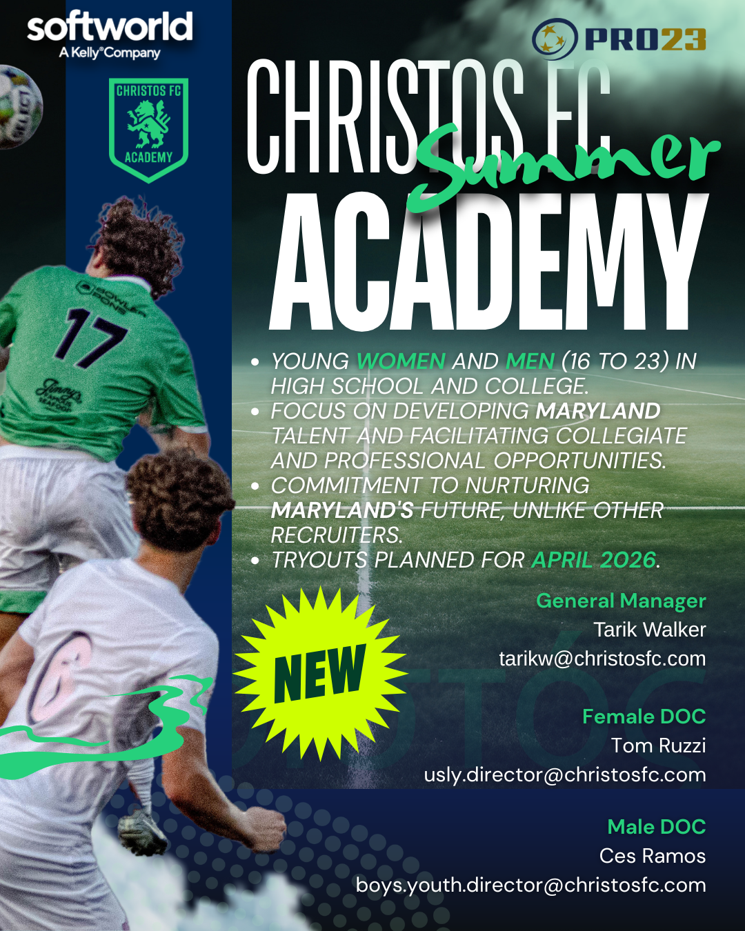 Soccer academy advertisement: Green and white jerseys, Christos FC Summer Academy, tryouts April 2026.