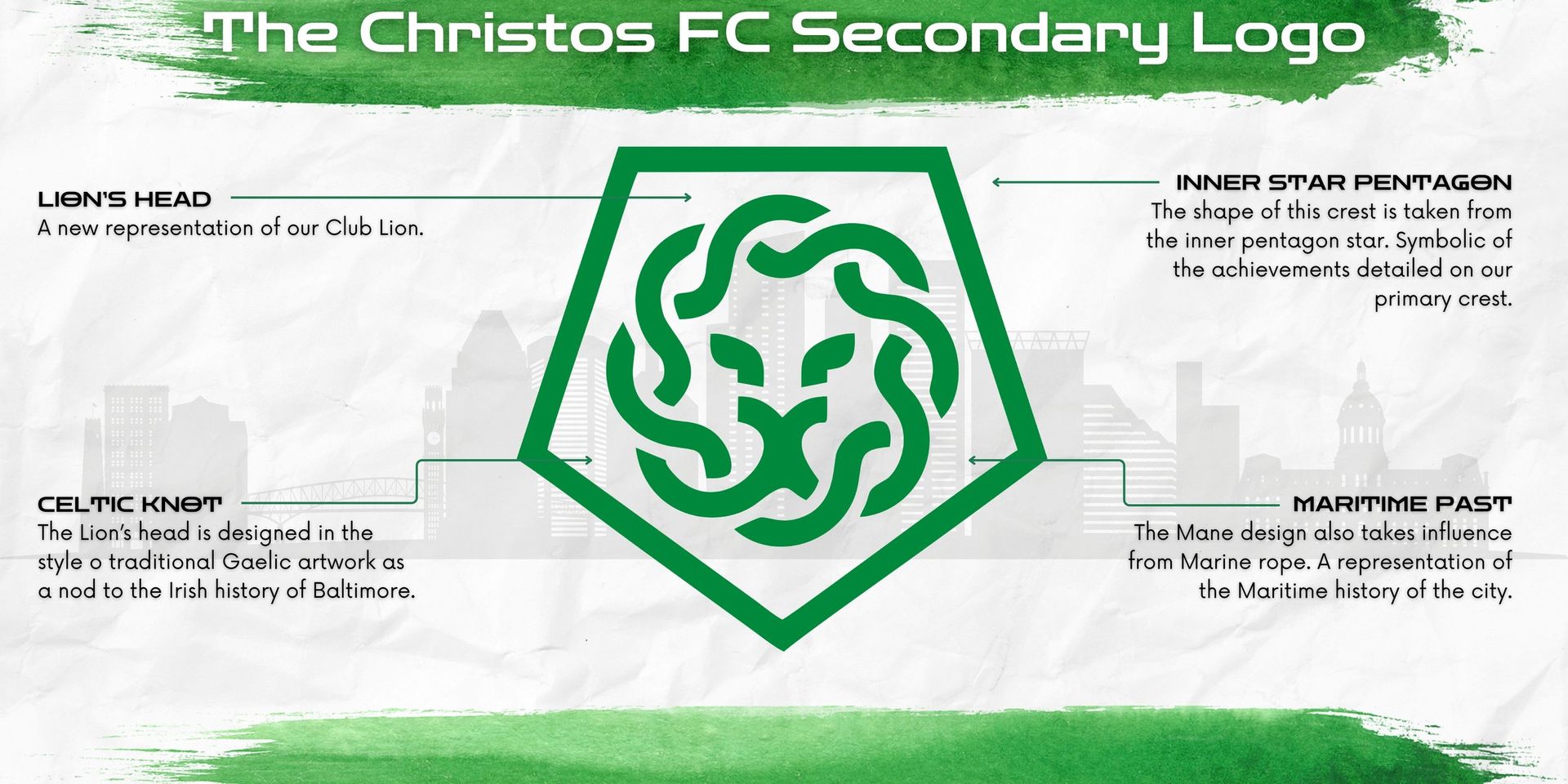 Graphic breaking down the history of Christos FC secondary logo with green lion design