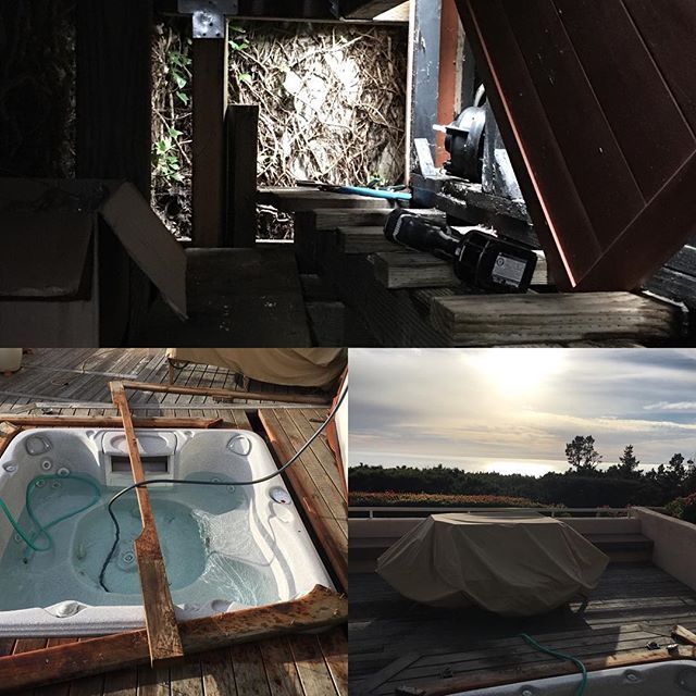 A collage of photos shows a hot tub being built