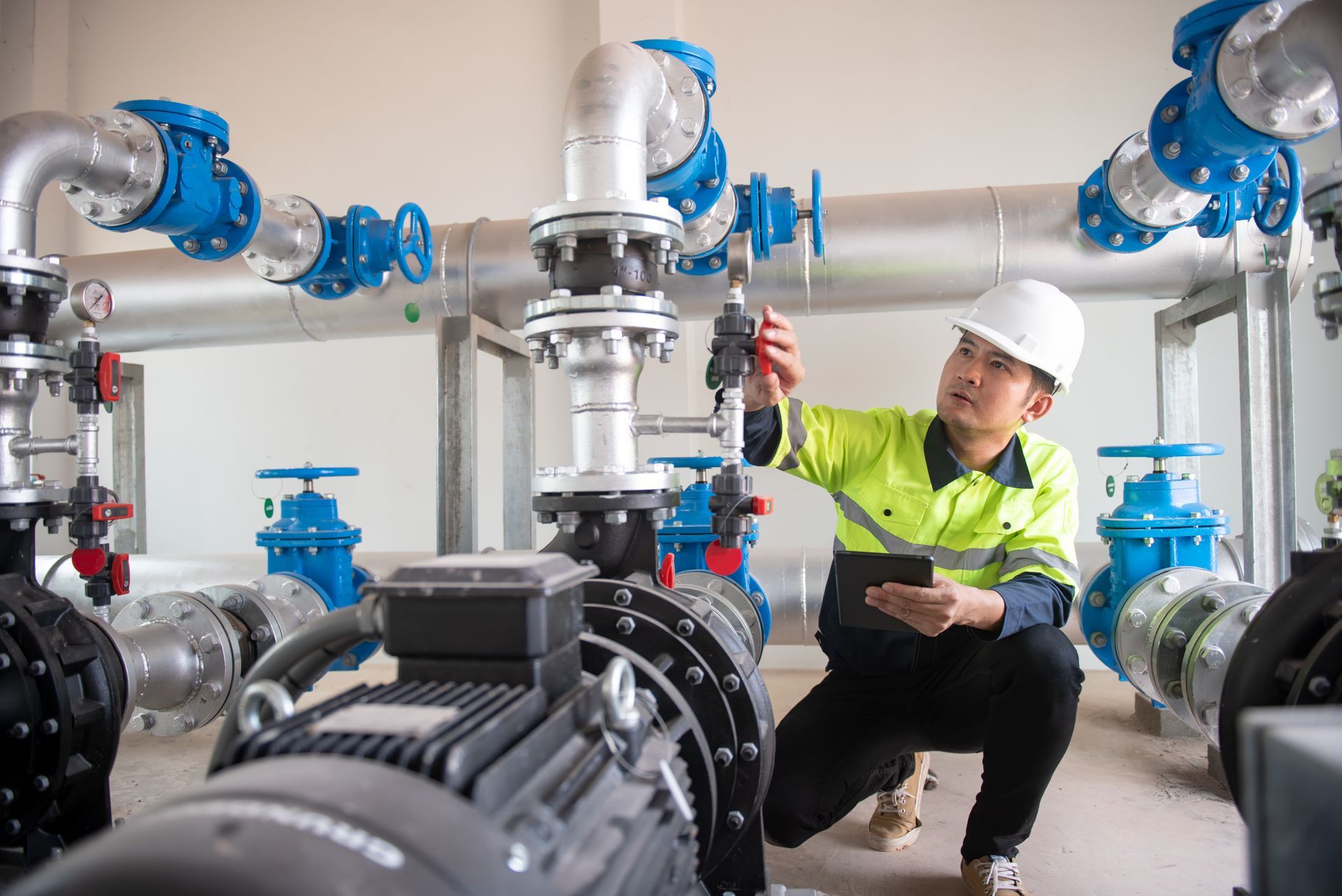 A technician wearing a hard hat and high-visibility jacket inspects industrial pumps and pipes in a facility.