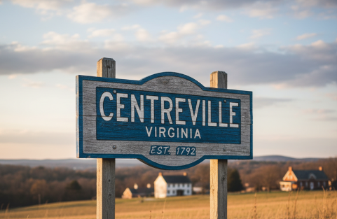 A rustic, blue and white Centreville, Virginia town sign standing in a field before houses at sunset. A rustic, blue and white Centreville, Virginia town sign standing in a field before houses at sunset.