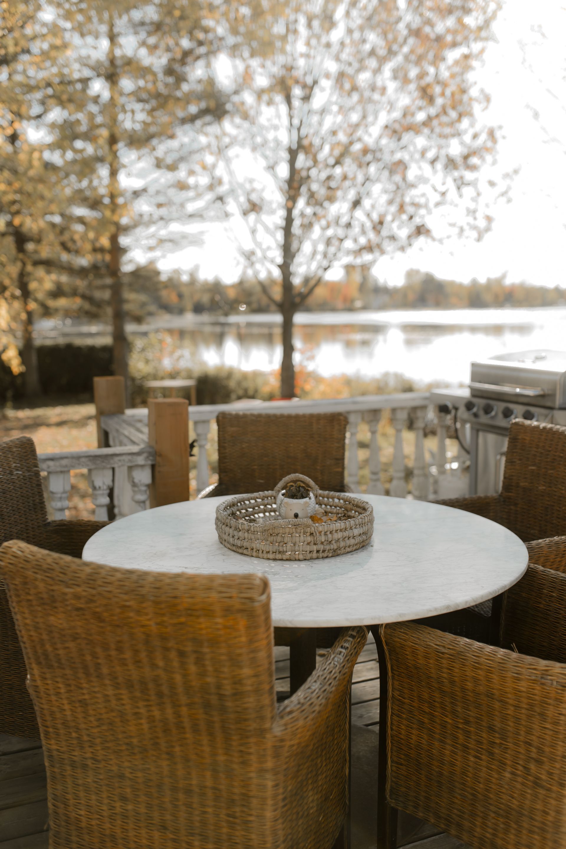 Terrasse avec mobilier d'extérieur donnant sur un lac, un ciel bleu et des arbres.