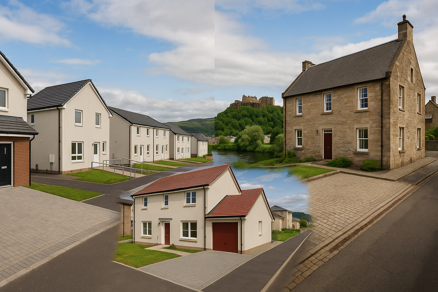 Panoramic view of Stirling showing diverse property types from Causewayhead family homes and Raploch regeneration areas to riverside properties and Old Town conservation areas, each with specialist driveway solutions