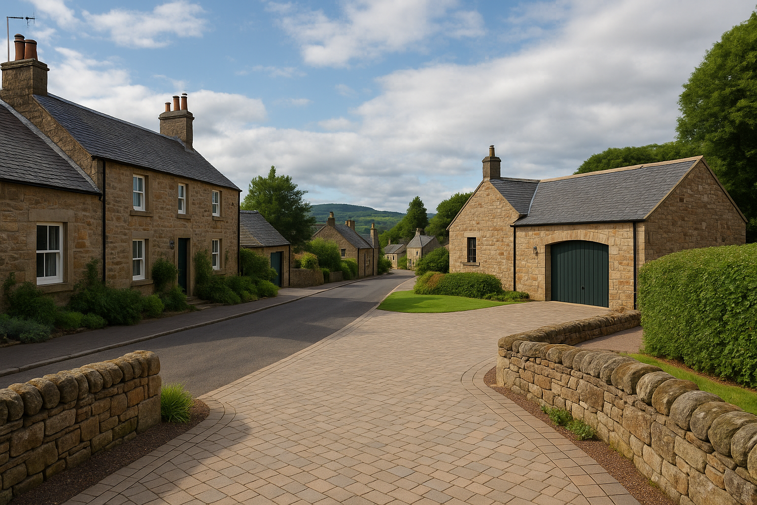Traditional Scottish stone properties in historic Cambusbarron village showing heritage-appropriate driveway solutions including rural access improvements, agricultural conversion projects, and village streetscape considerations maintaining community character