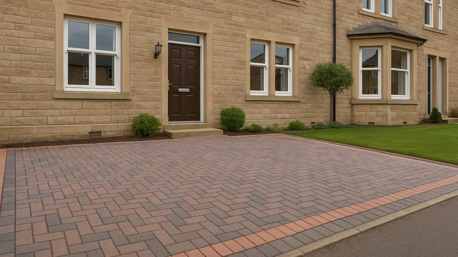 Monoblock driveway in front of a Jordanhill, Glasgow two-story sandstone terraced house with light brown stonework.