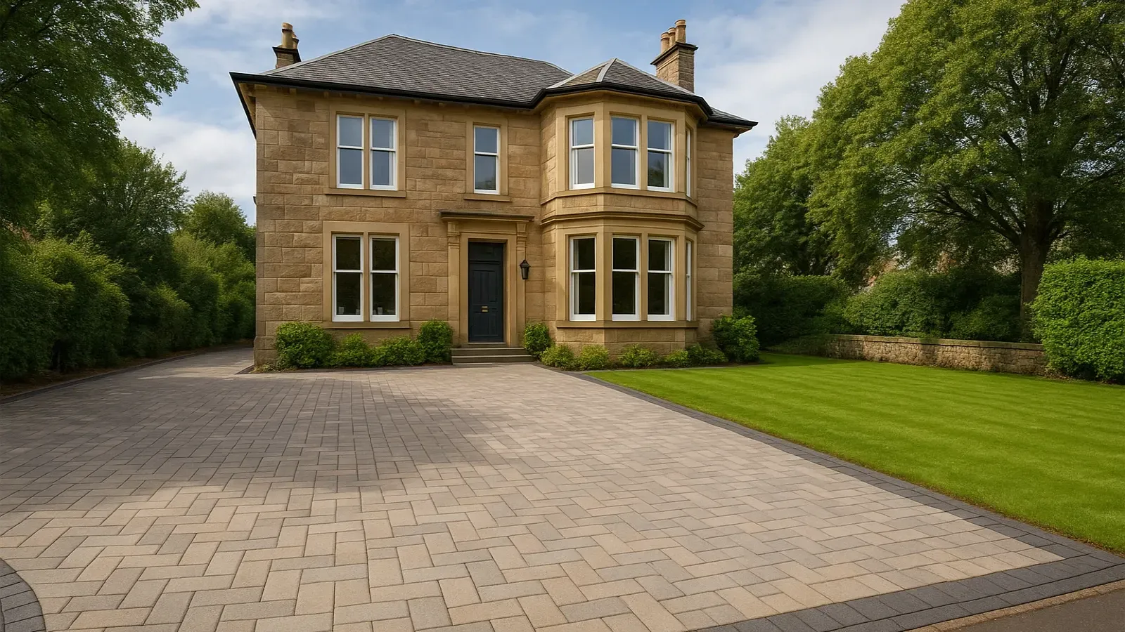 Two-story stone house with bay windows, black door, and monoblock driveway and feature border. Green lawn and trees surround it.