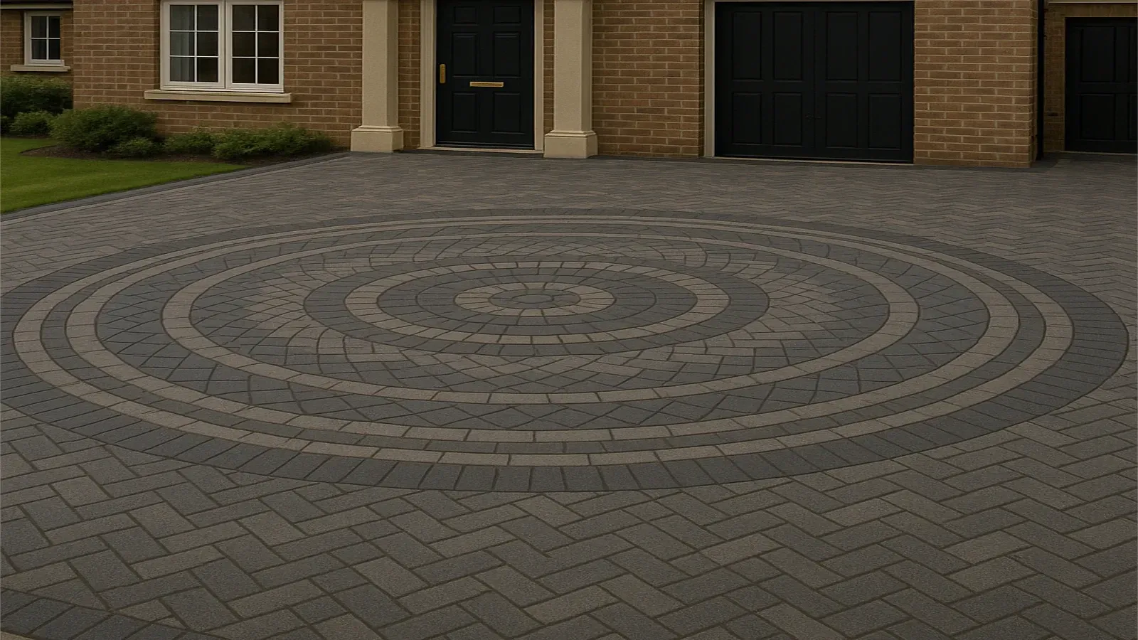 Brick driveway with intricate circular pattern in front of Bothwell, Glasgow house.