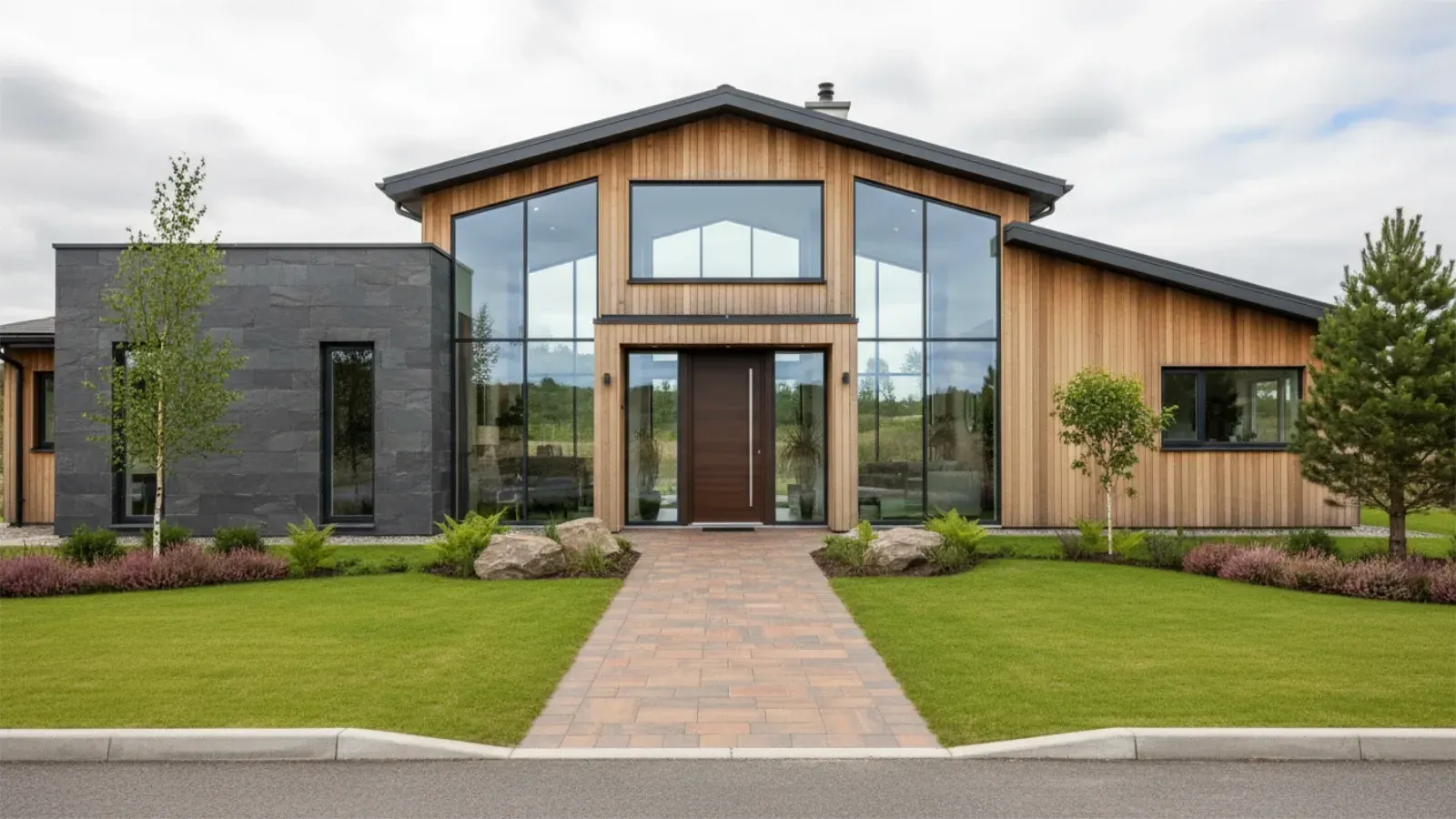 Modern house with wood siding and large glass windows, block paving pathway to front door.