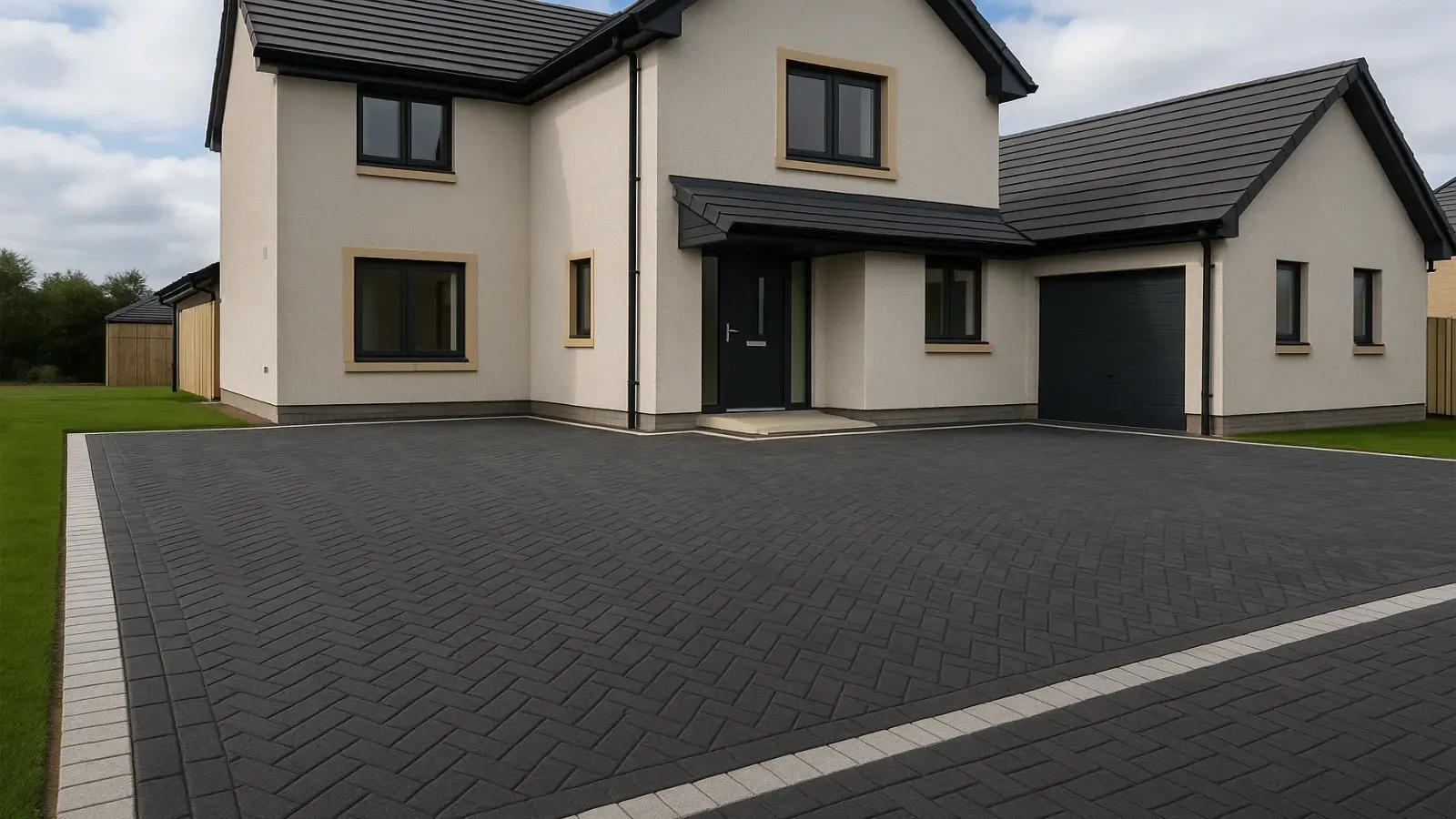 Modern off-white house with charcoal monoblock driveway with contrasting border and garage.