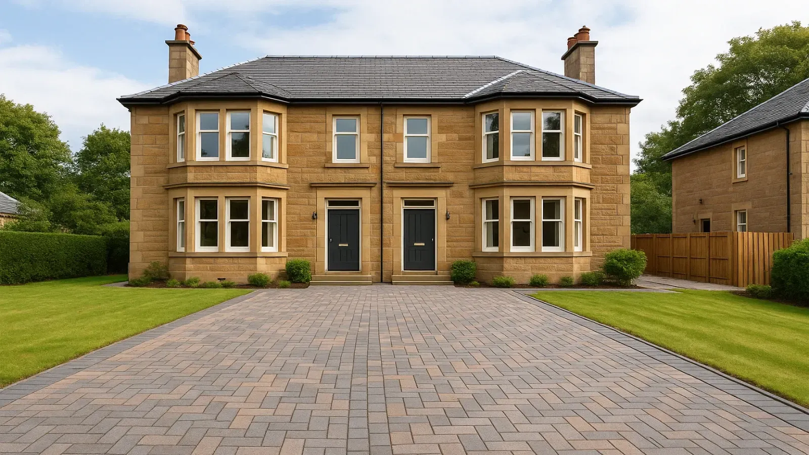 Two-story Glasgow sandstone semi-detached houses with black doors and a shared monoblock driveway, green lawns, and a sunny sky.