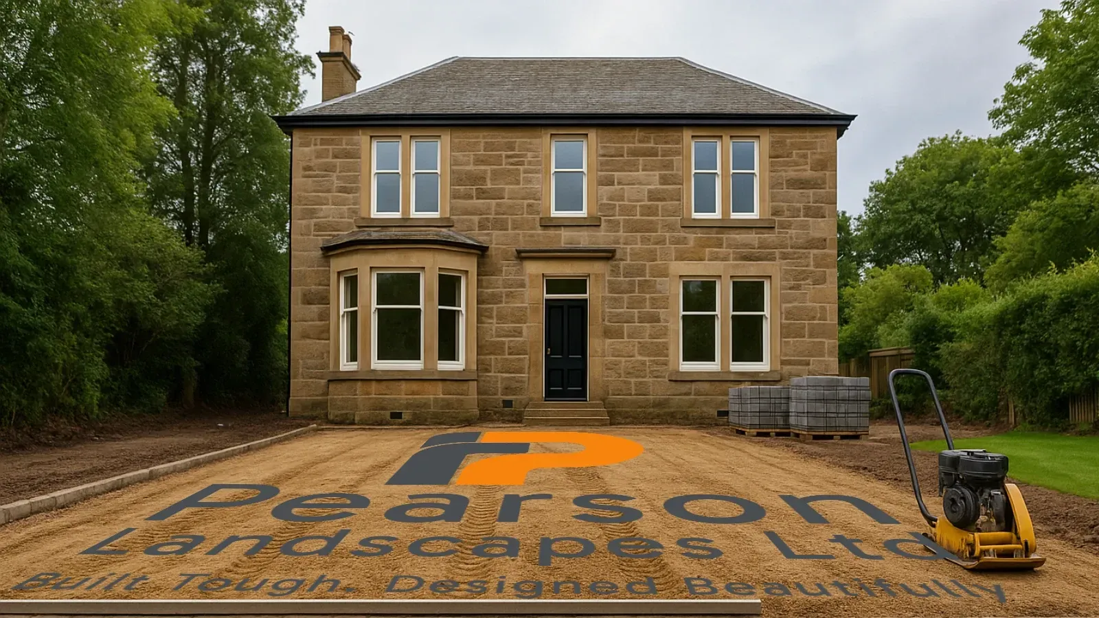 Two-story stone house with Pearson Landscapes Ltd logo in gravel driveway, surrounded by trees.