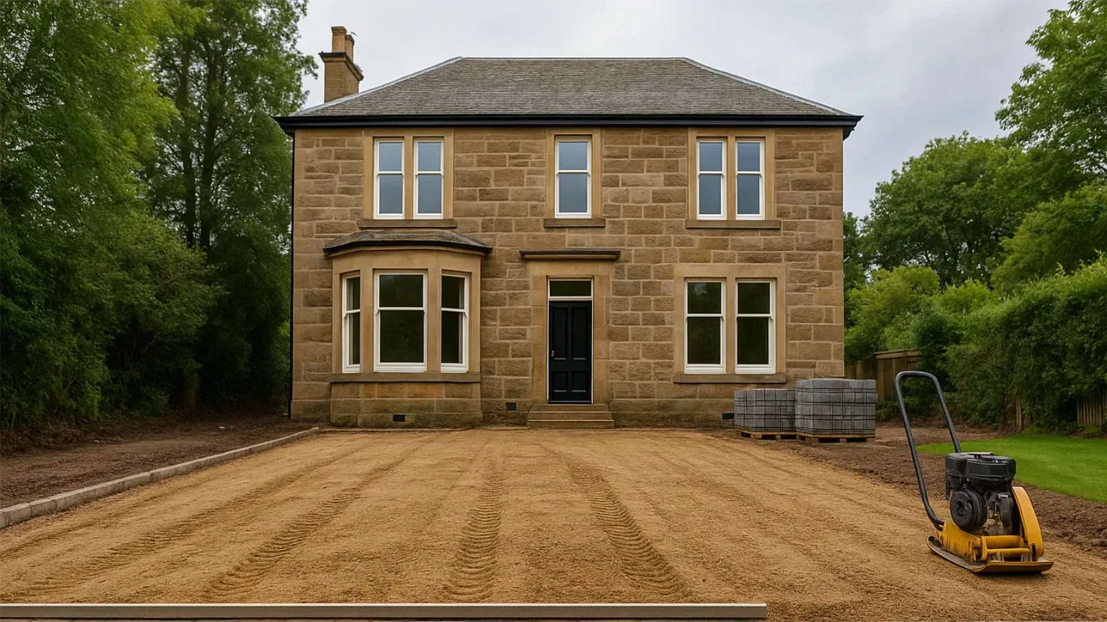 Two-story stone Glasgow house with laid sub-base for the driveway. A compactor sits on the right.