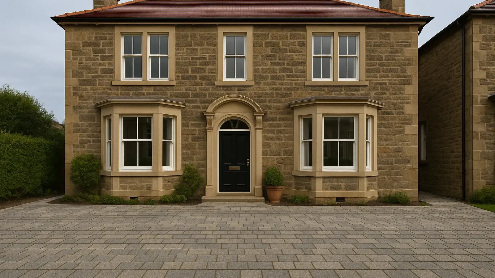 Two-story Glasgow stone house with bay windows and a monoblock paved driveway.