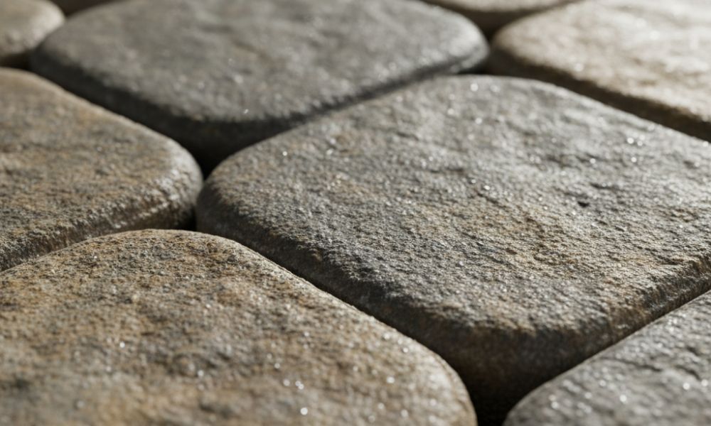 Close-up of tumbled cobble-effect block paving showing aged edges and natural stone texture
