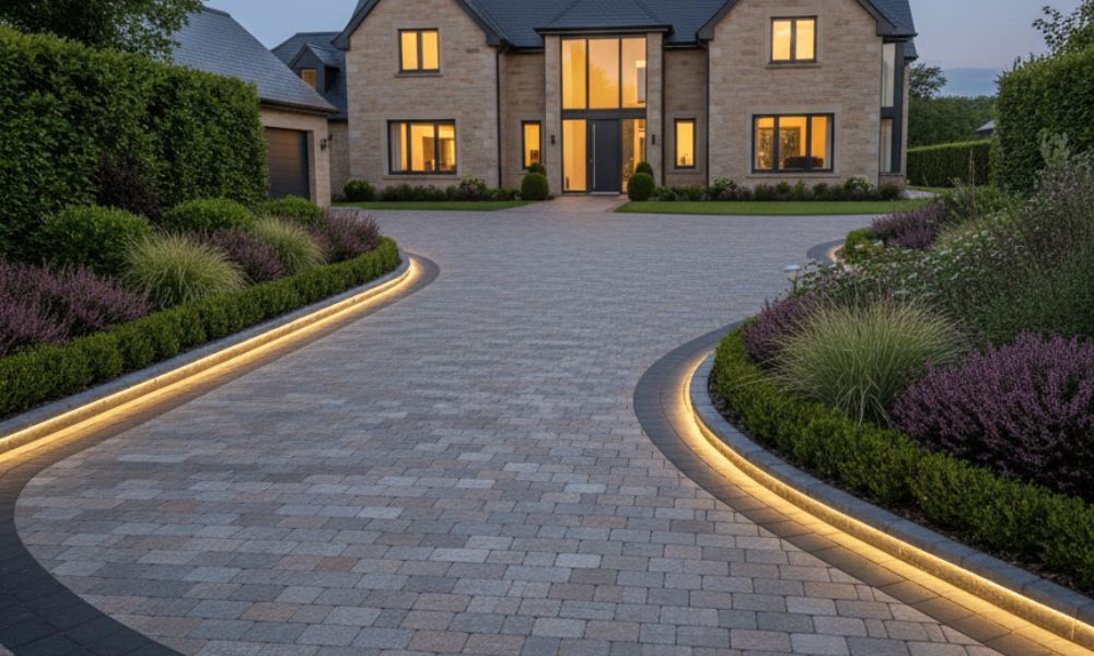 Cobble driveway with contrasting borders, raised edging, and integrated LED lightinges