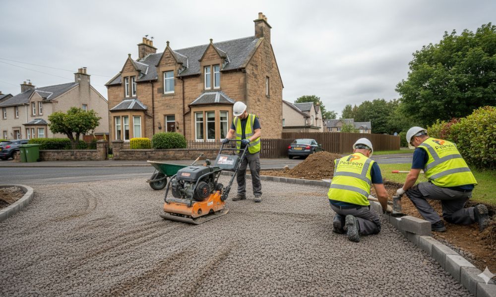 Pearson Landscapes team installing a cobble-effect driveway with proper sub-base and edge restraints