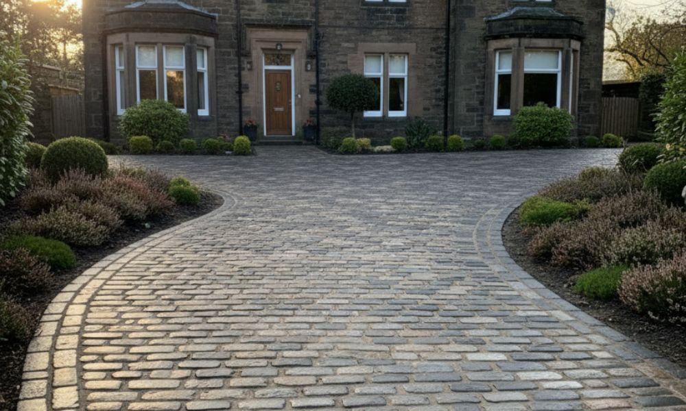 Cobble‑effect driveway installed at a sandstone home in Glasgow with tumbled block paving and landsc