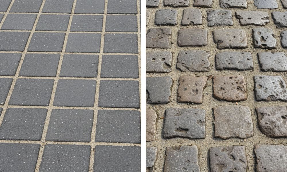 Side-by-side comparison of smooth cobble-effect paving and irregular natural stone cobbles.