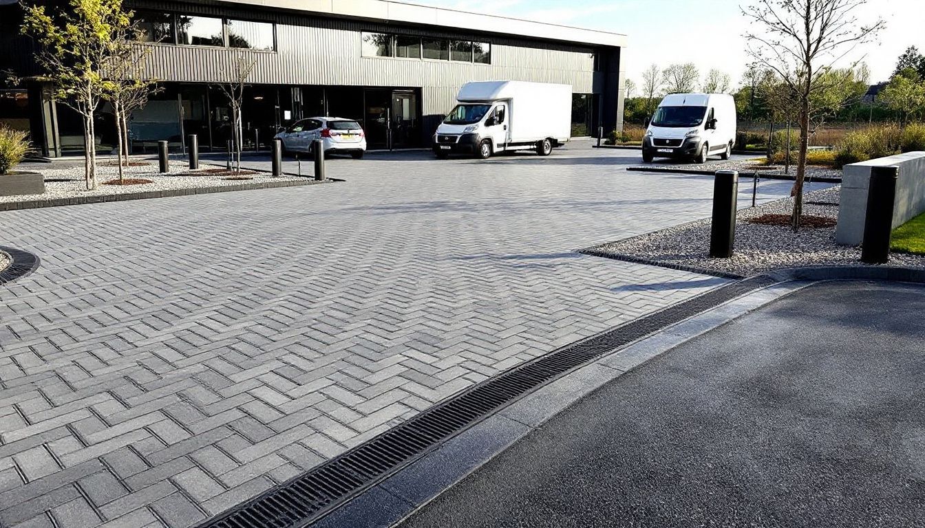 Close-up of herringbone block paving pattern used for a commercial monoblock driveway in Glasgow