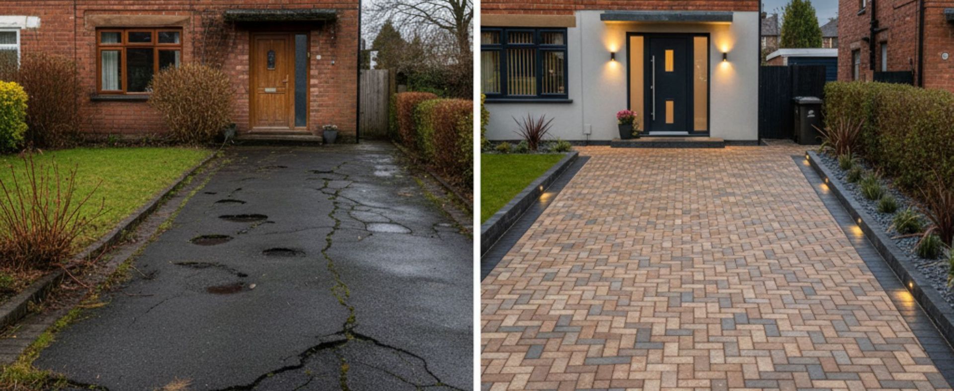 Before & After Completed luxury driveway by Pearson Landscapes with bespoke paving and lighting features