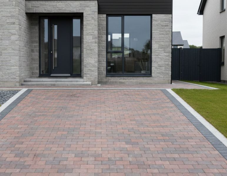 Newly completed monoblock driveway with charcoal border and brindle block layout in Scotland