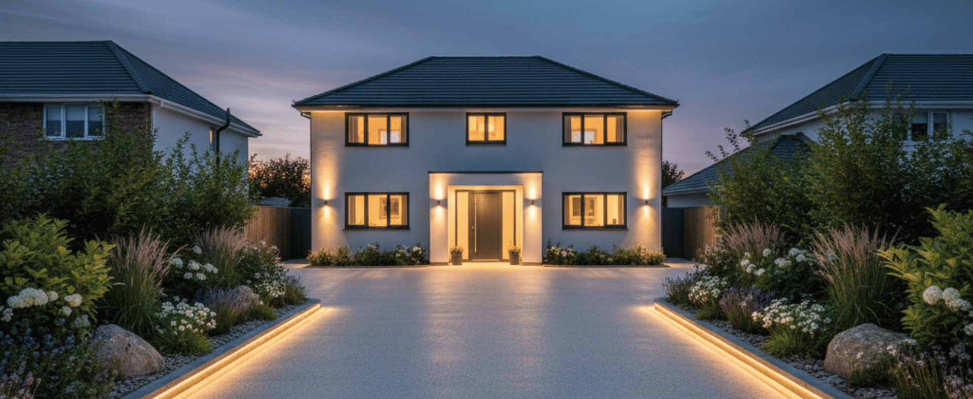 Luxury driveway showing precise edging, drainage, and resin-bound finish in Glasgow property