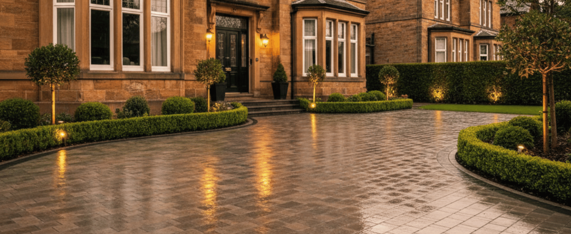 Premium luxury driveway with Tegula block paving and lighting at a detached home in Glasgow”