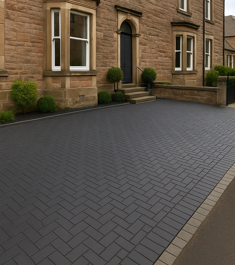 Close-up of herringbone block paving pattern used for a commercial monoblock driveway in Glasgow