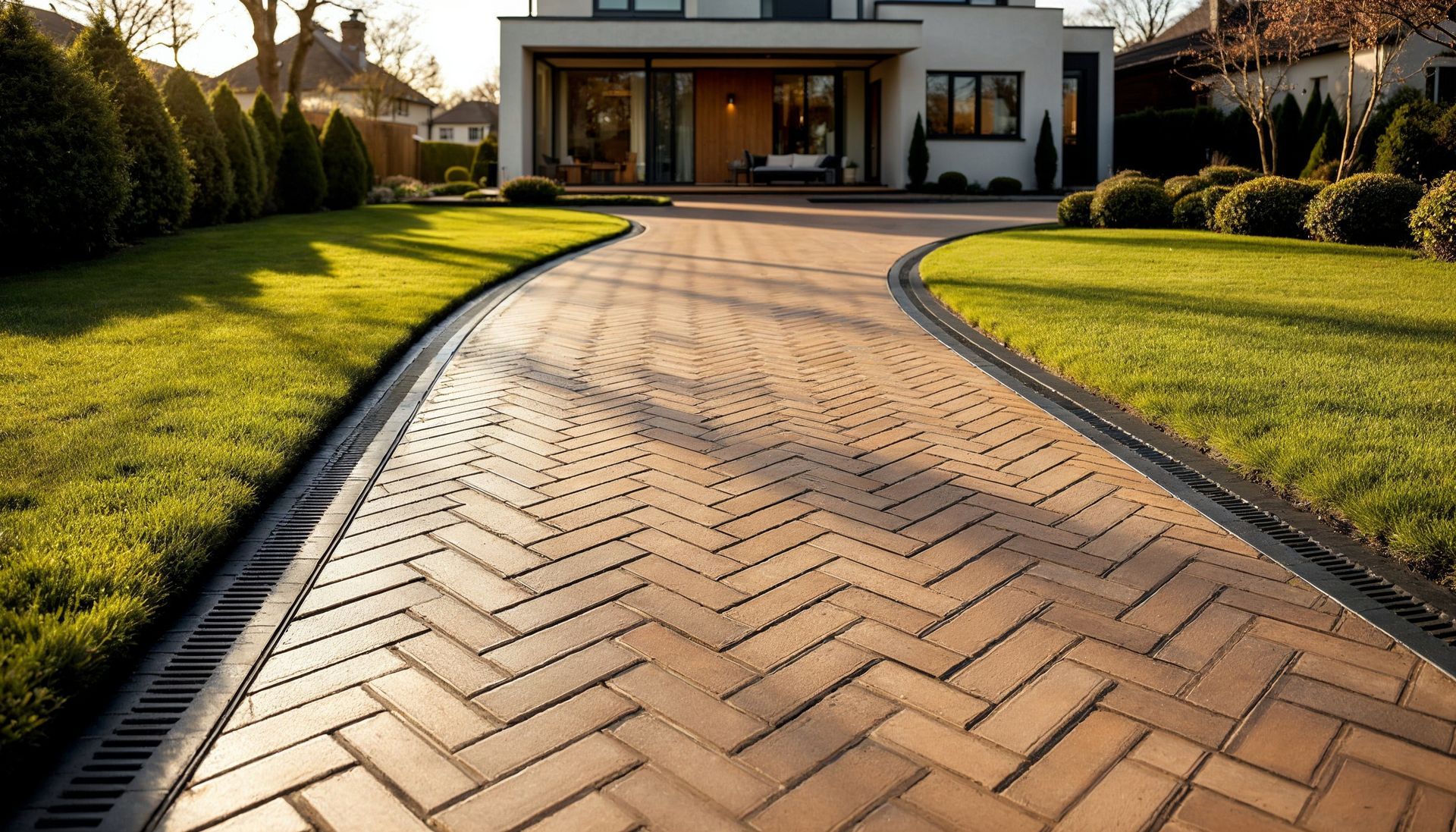 Sloped monoblock driveway in Glasgow featuring ACO drainage channels for water management