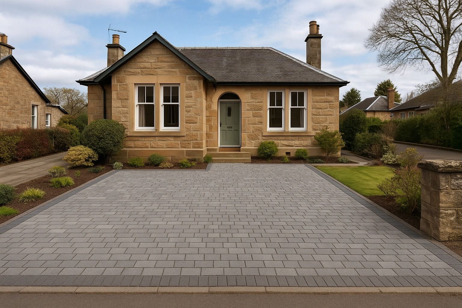 Bridge of Allan sandstone bungalow with newly installed natural grey monoblock driveway, stretcher bond pattern with decorative border, front garden landscaping,