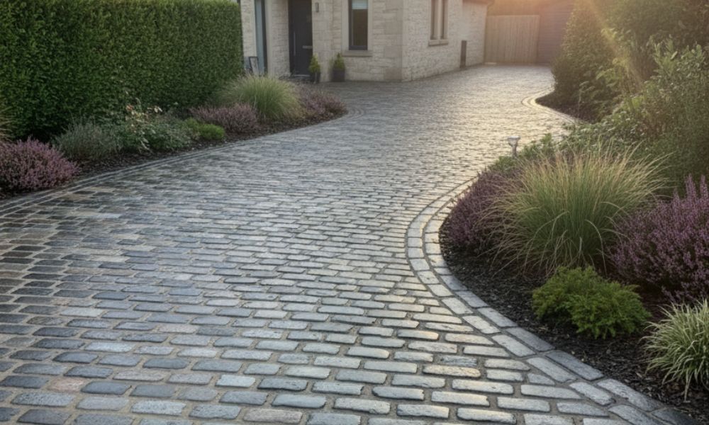 Cobble-effect driveway with curved layout and contrasting borders at a modern home in Glasgow.