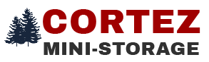 Logo for Cortez Mini-Storage. Features a dark red "CORTEZ" with trees on the left and "MINI-STORAGE" below in black.