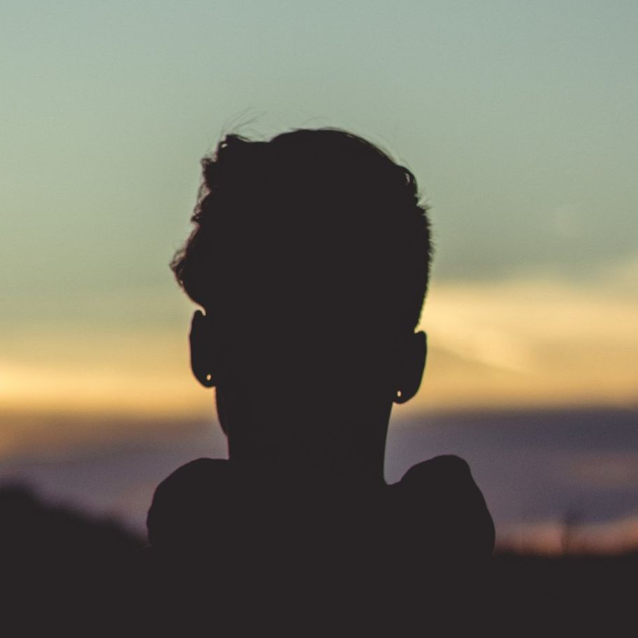 A silhouette of a person 's head with a sunset in the background.