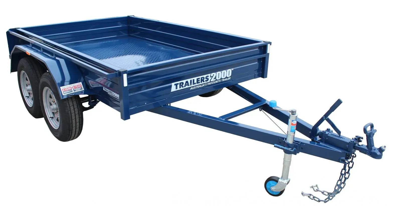 Blue utility trailer with dual wheels, a rectangular cargo bed, and a trailer hitch — Tolga Traders in  Tolga, QLD