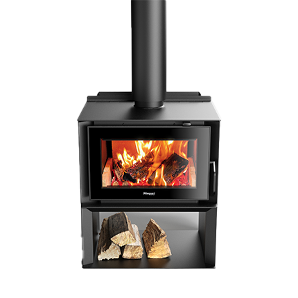 A Trailer is Parked in Front of a Wooden Fence — Tolga Traders in Tolga, QLD Black wood-burning fireplace with lit flames, firewood below, and a black chimney. — Tolga Traders in Tolga, QLD