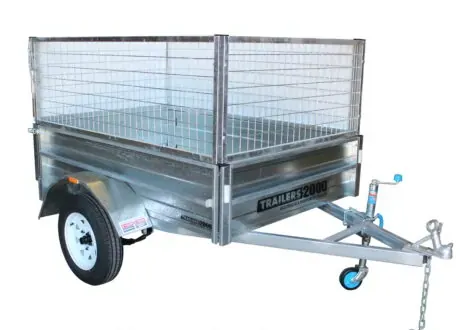 Galvanized steel utility trailer with wire mesh sides, white tire, blue trailer jack. — Tolga Traders in  Tolga, QLD