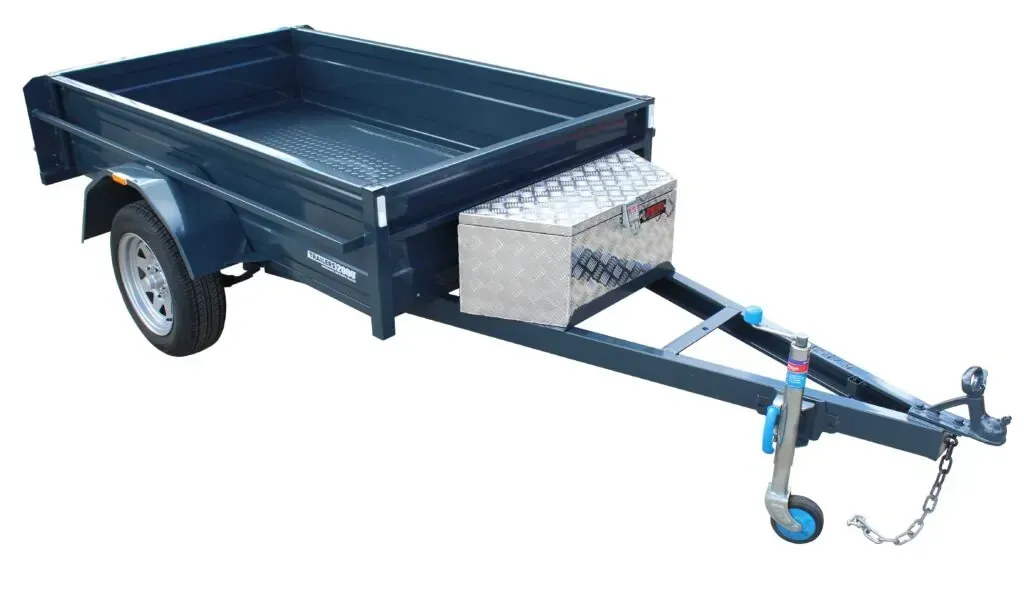 Blue utility trailer with storage box, hitch, and tire. — Tolga Traders in  Tolga, QLD
