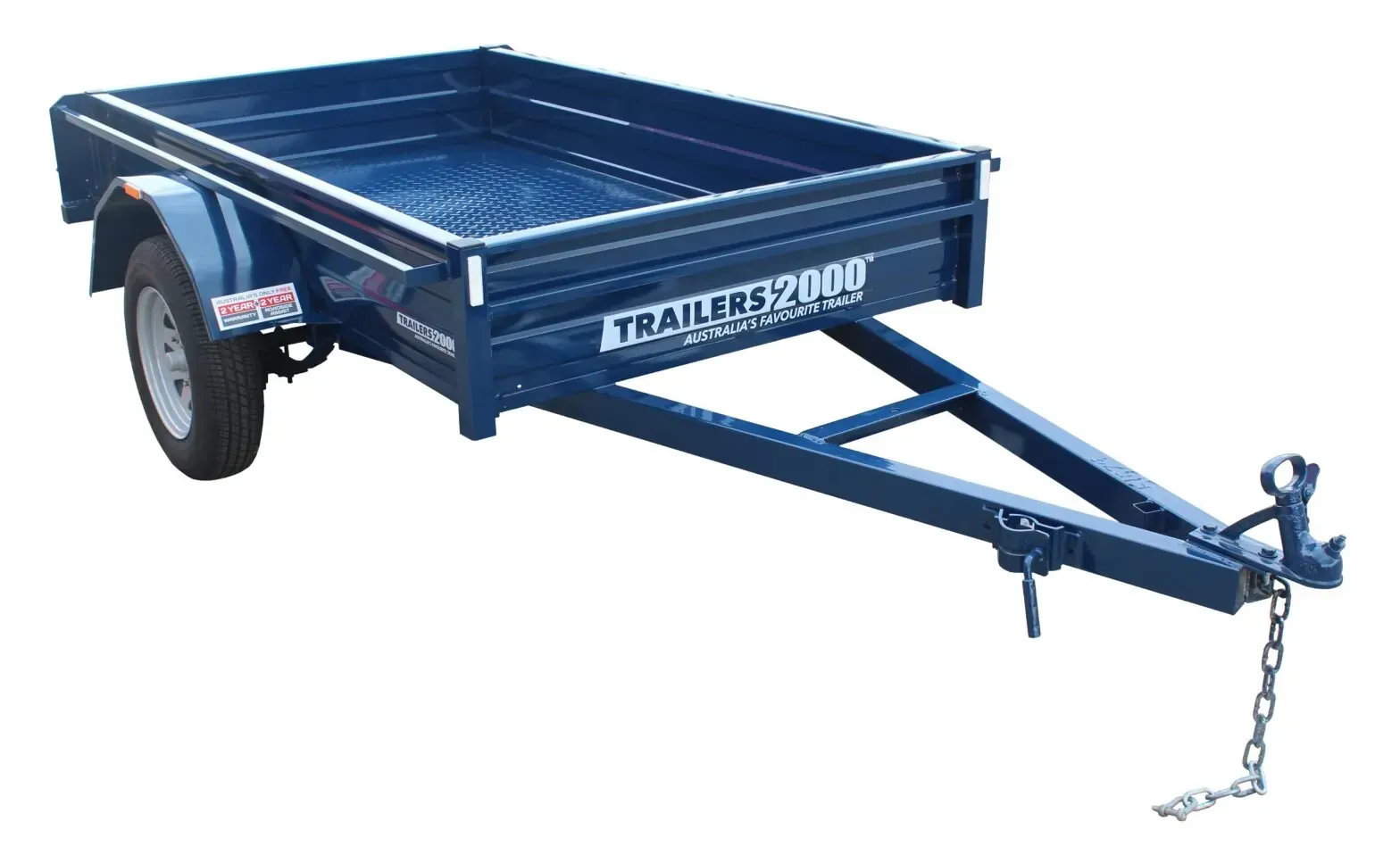 Blue utility trailer with a white tire, attached to a tow hitch. — Tolga Traders in  Tolga, QLD