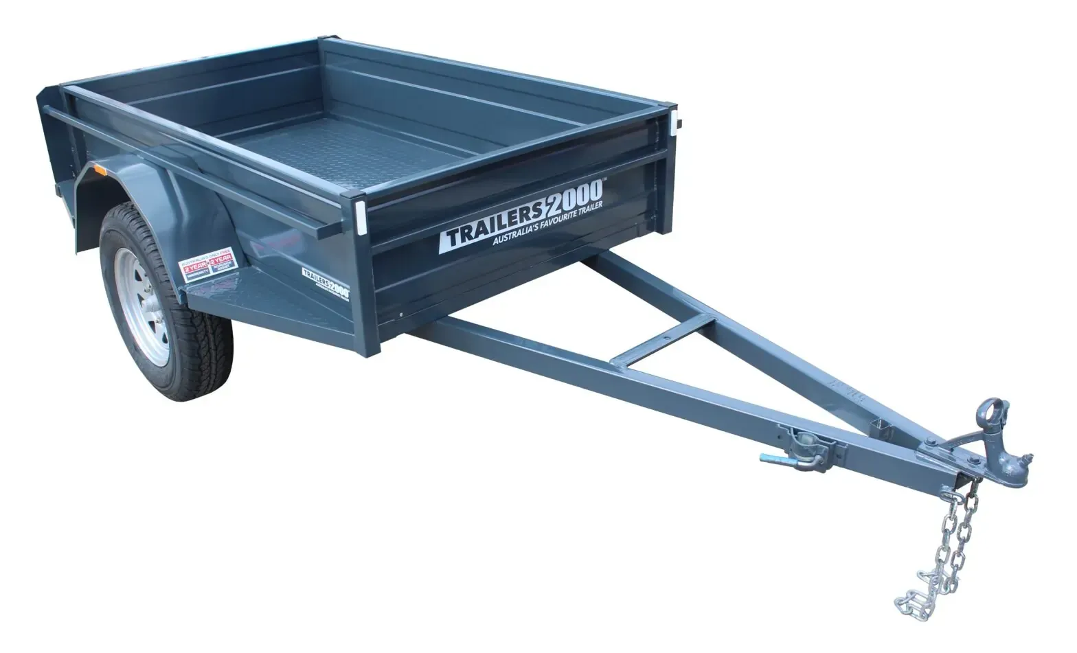 Gray utility trailer with a rectangular bed, attached to a tow hitch. — Tolga Traders in  Tolga, QLD