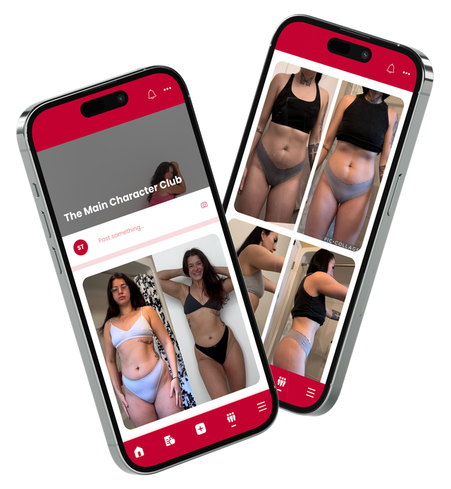 Two smartphones showing progress photos of a person in lingerie and workout wear. Red and white interface.