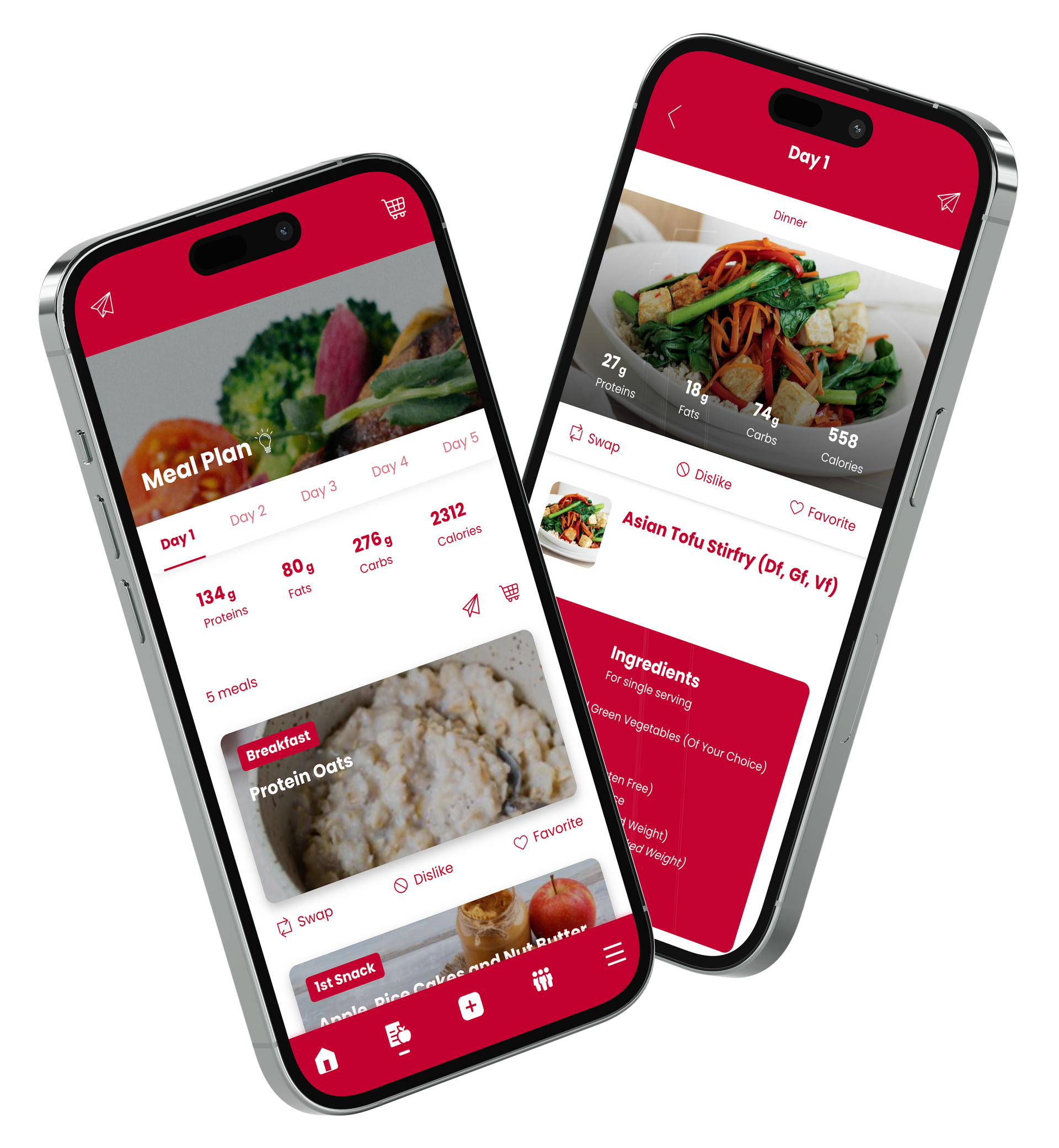 Two smartphones displaying a meal plan app interface in red and white.