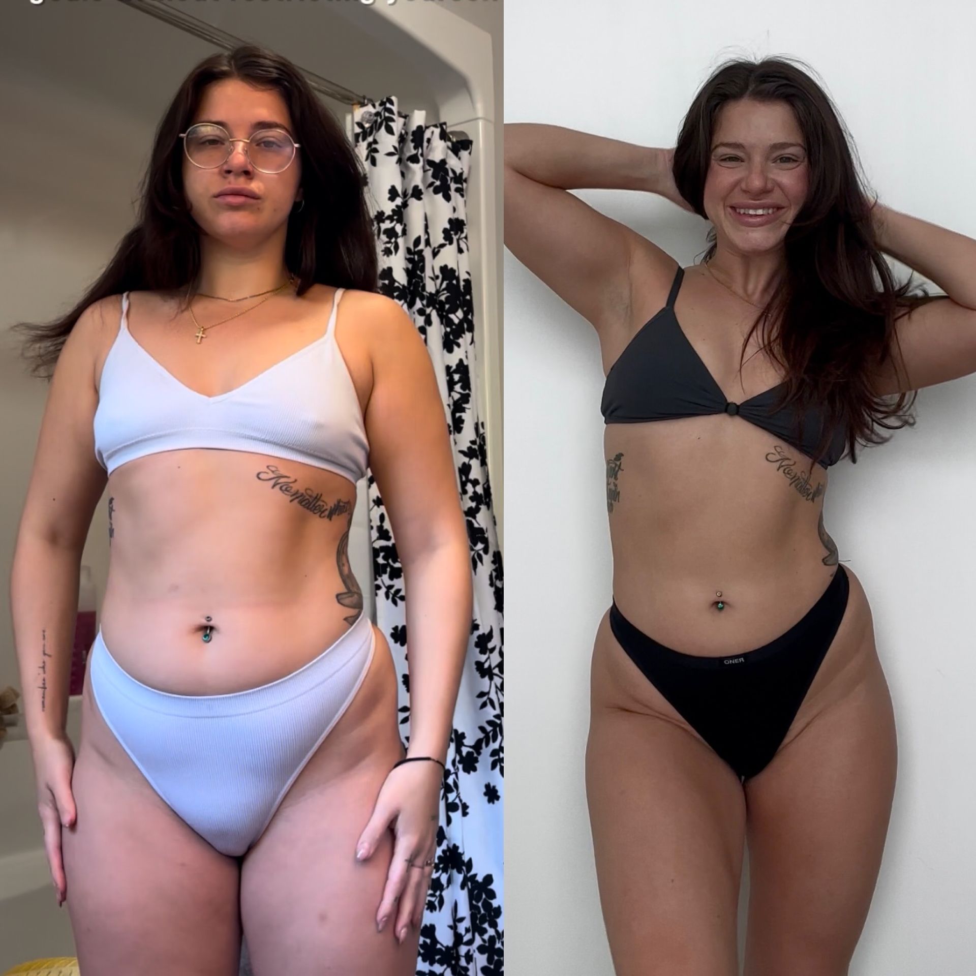 Weight loss transformation: Woman in white and black bikinis, smiling, arms above head.