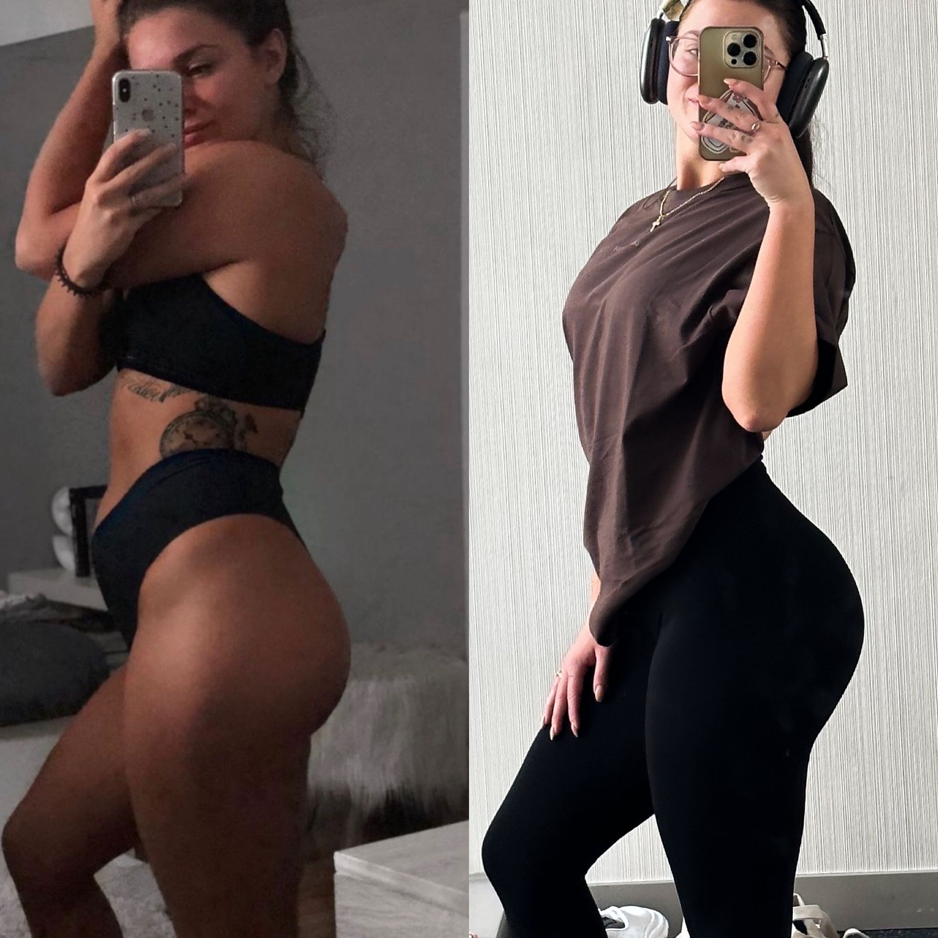 Two side-by-side photos of a woman. Left: black lingerie, profile pose. Right: black leggings, brown shirt, mirror selfie.