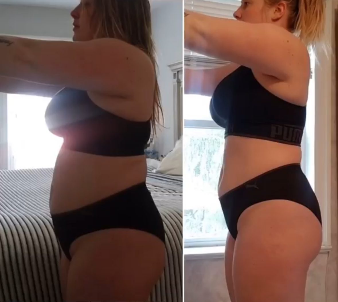 Side-by-side photos of a person in black undergarments; before and after weight loss, showing visible changes to the abdomen.