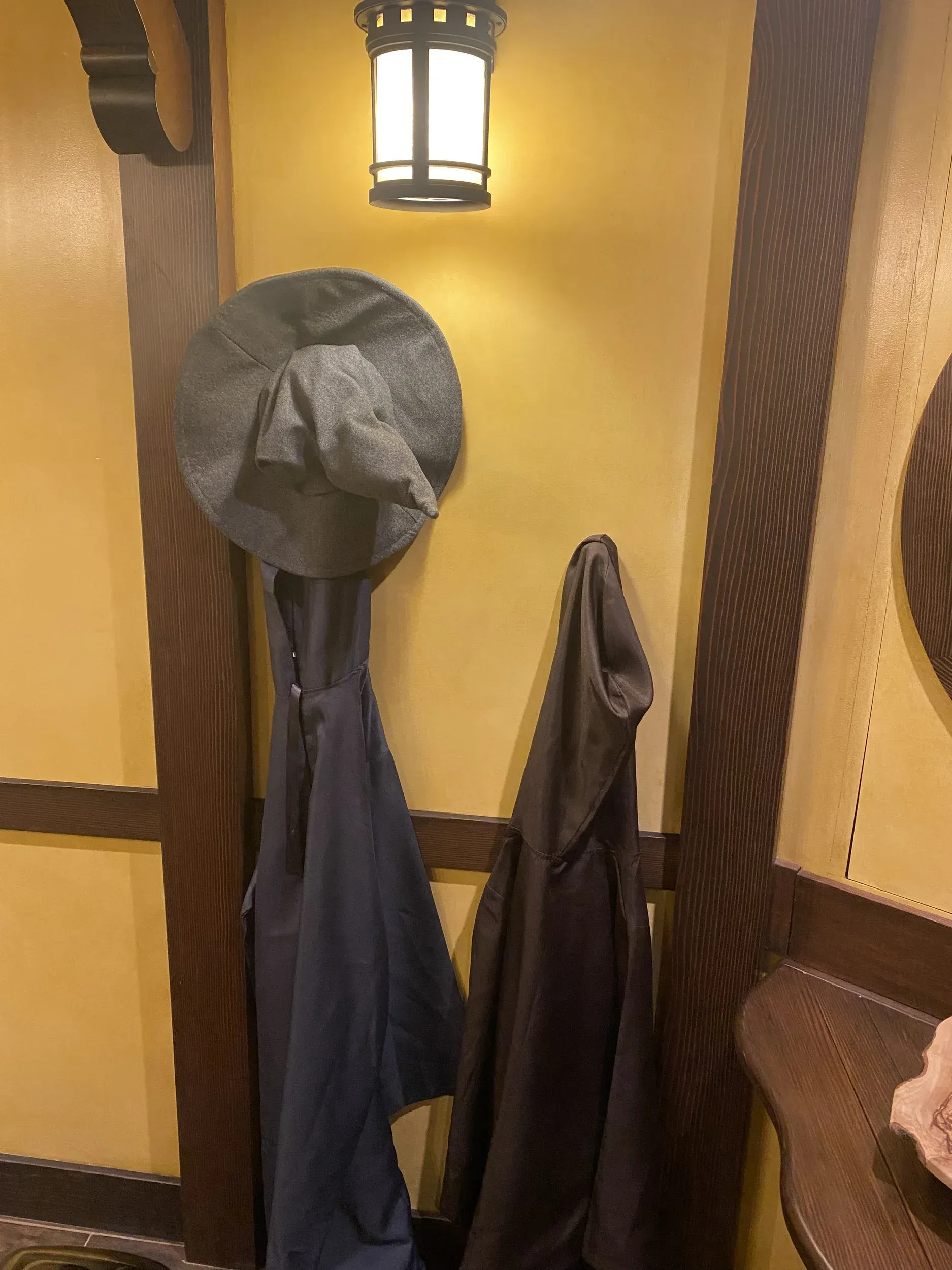 A witch hat is hanging on a wall next to a coat